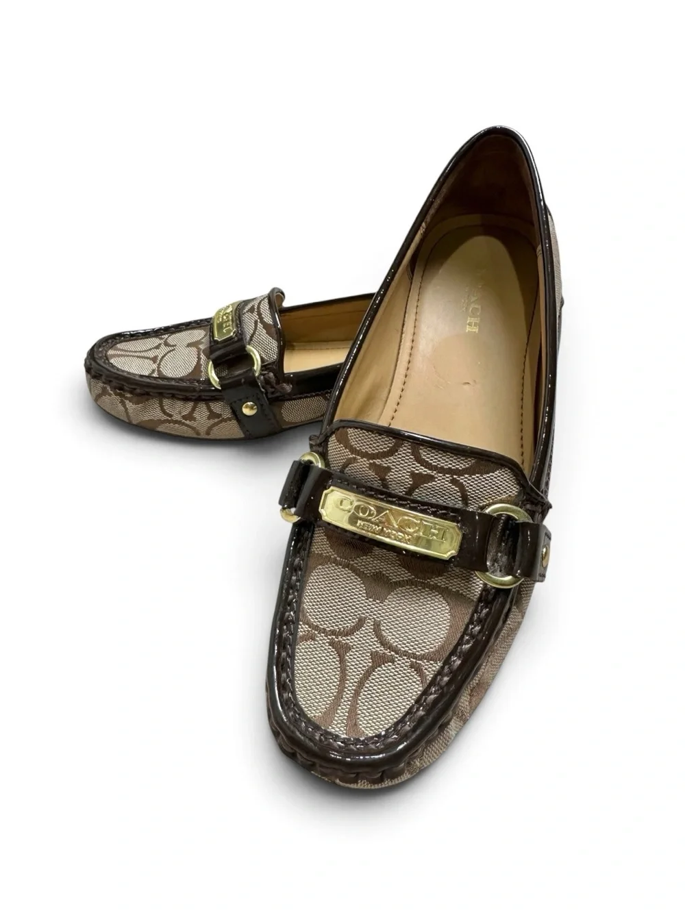 Coach Women’s 6.5B Felisha Signature C Canvas Beige & Brown Leather Trim Loafers